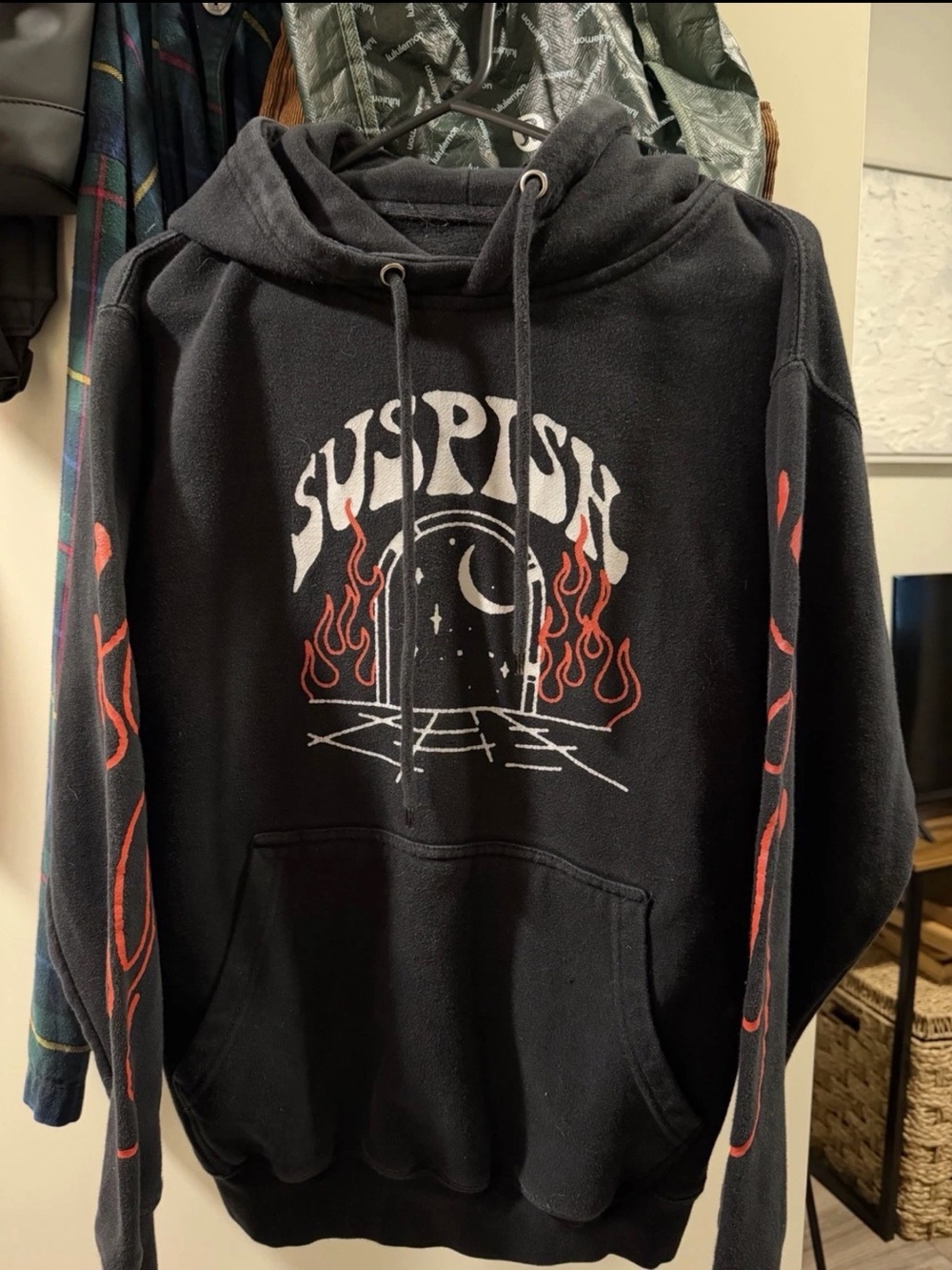 Bailey Sarian Suspish Black Hoodie with Red Flame Accents